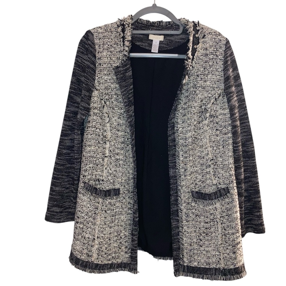 Chicos size 1 (M) tweed fringed detailing open cardigan